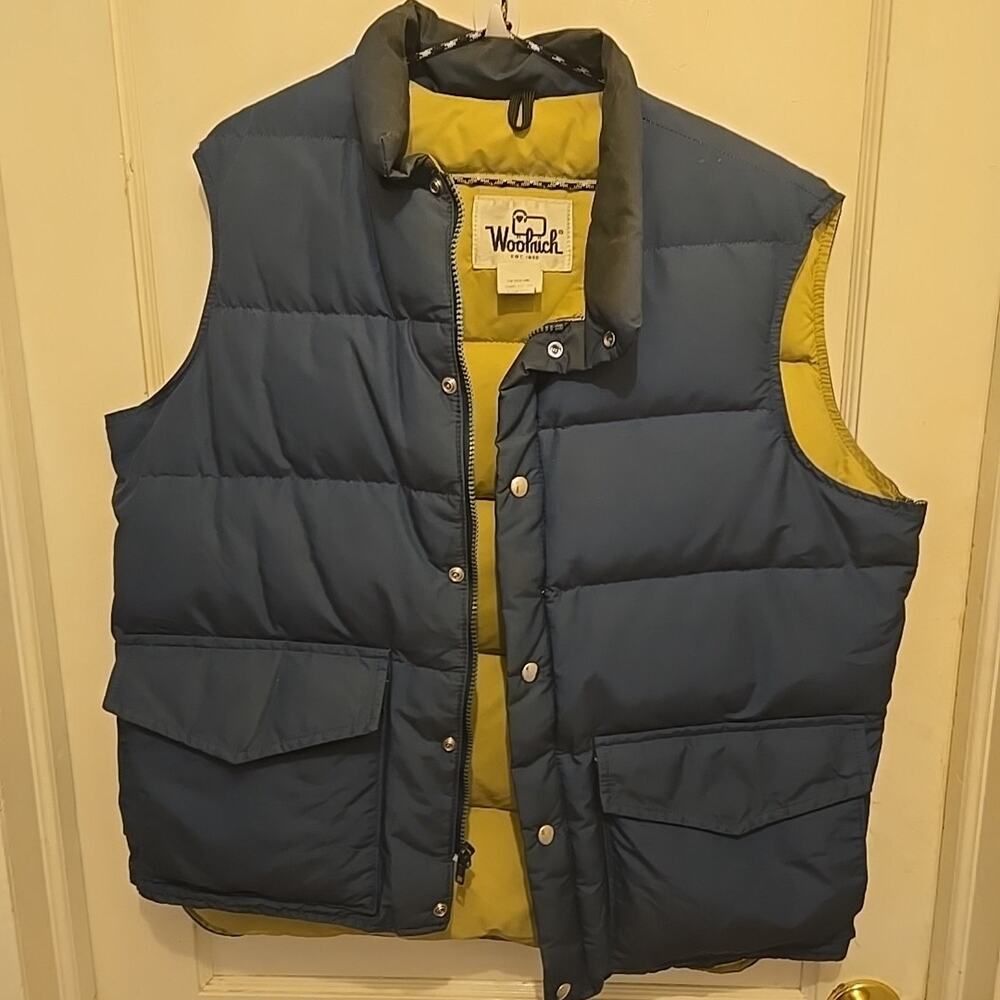 Vintage Woolrich Men's Down Filled Puffer Vest Large Navy Blue Beige Quilted